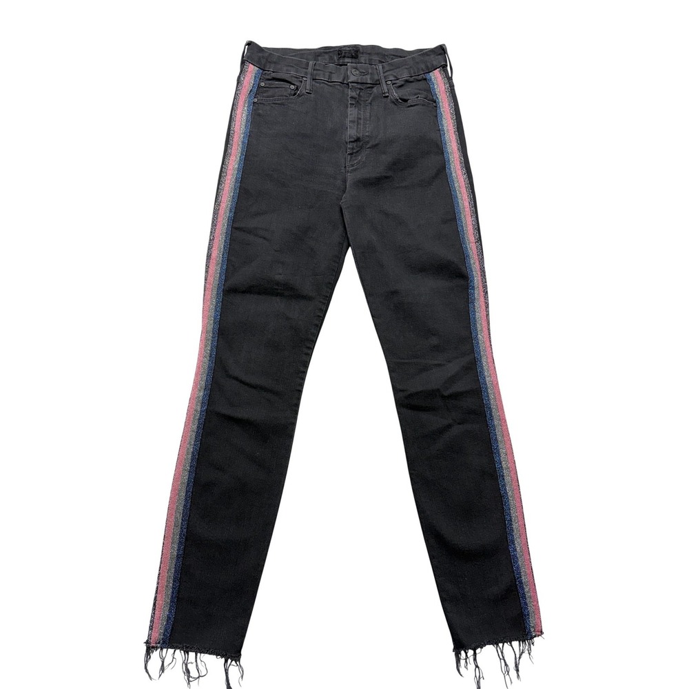 Mother High Waisted Looker Ankle Fray Jeans Womens 28 Black Glitter Stripe